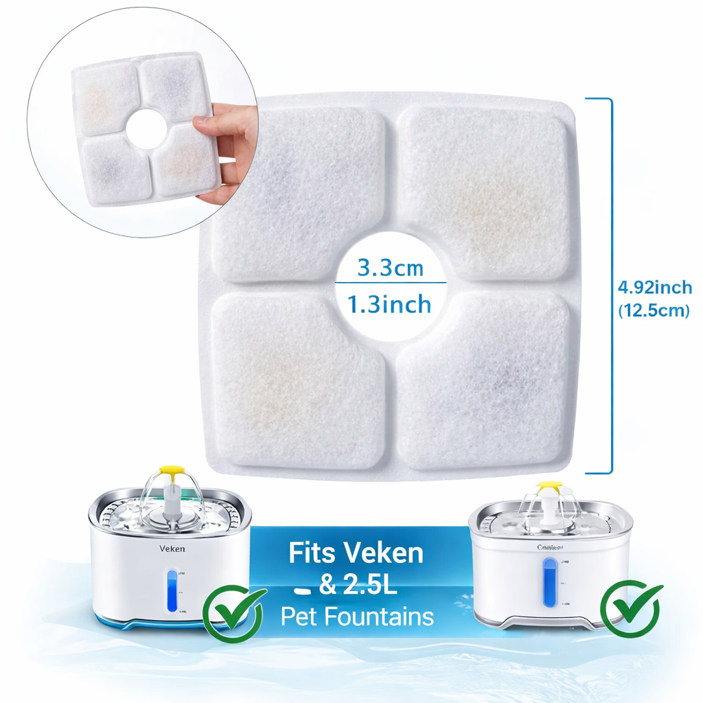 Cat & Dog Water Fountain Replacement Filters – Square Activated Carbon Filter for Veken & 2.5L Pet Fountains (4/8/16 Pack)